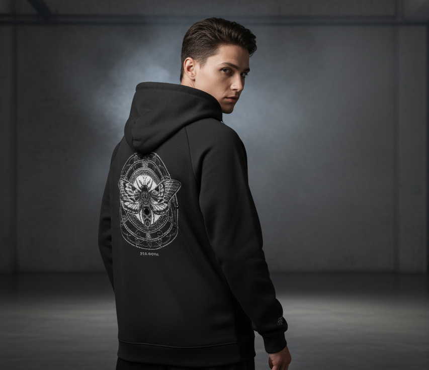 FM-03 „変異蛾“ – Moth Emblem Hoodie (Black/Grey)