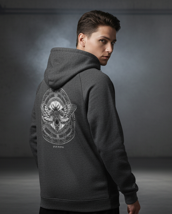 FM-03 „変異蛾“ – Moth Emblem Hoodie (Black/Grey)